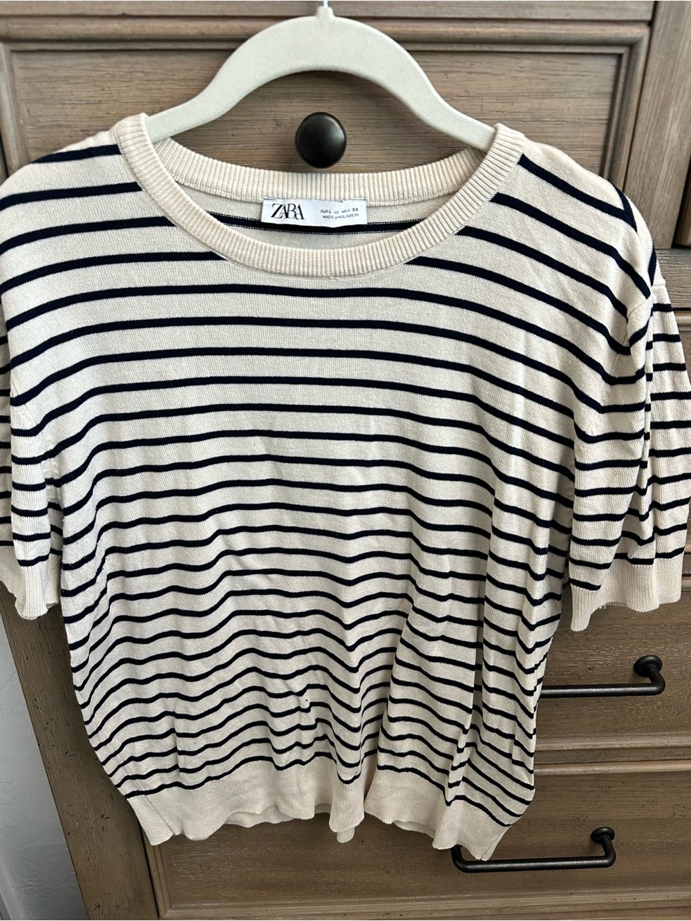 Zara Cream and Navy Striped Short Sleeve Sweater